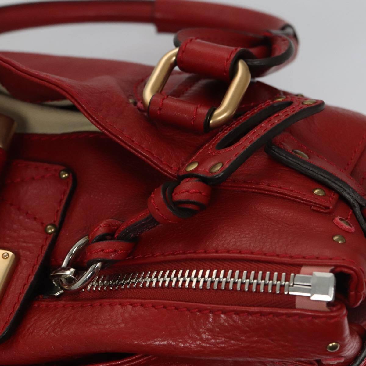 Chloe paddington hand bag leather red gold silver auth am7383