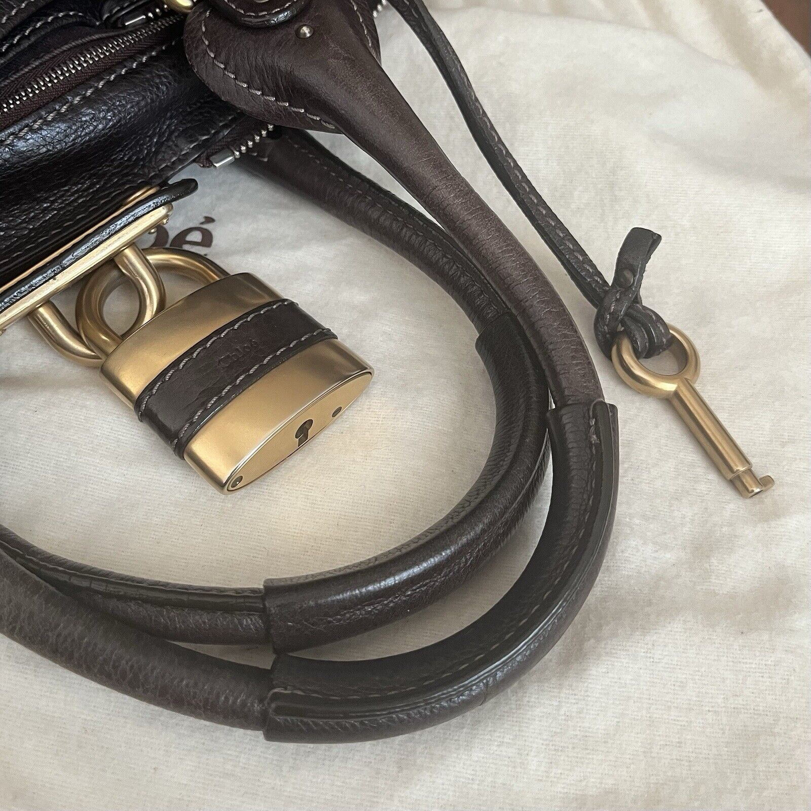Chloe paddington leather hand bag dark brown leather medium padlock key f s 1