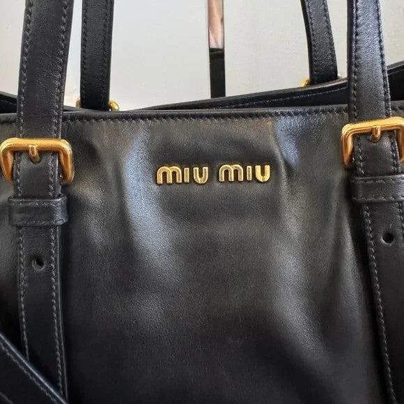 MIU MIU Calf Leather Gold Pyramid Studded Large Tote Bag Authentic Crossbody