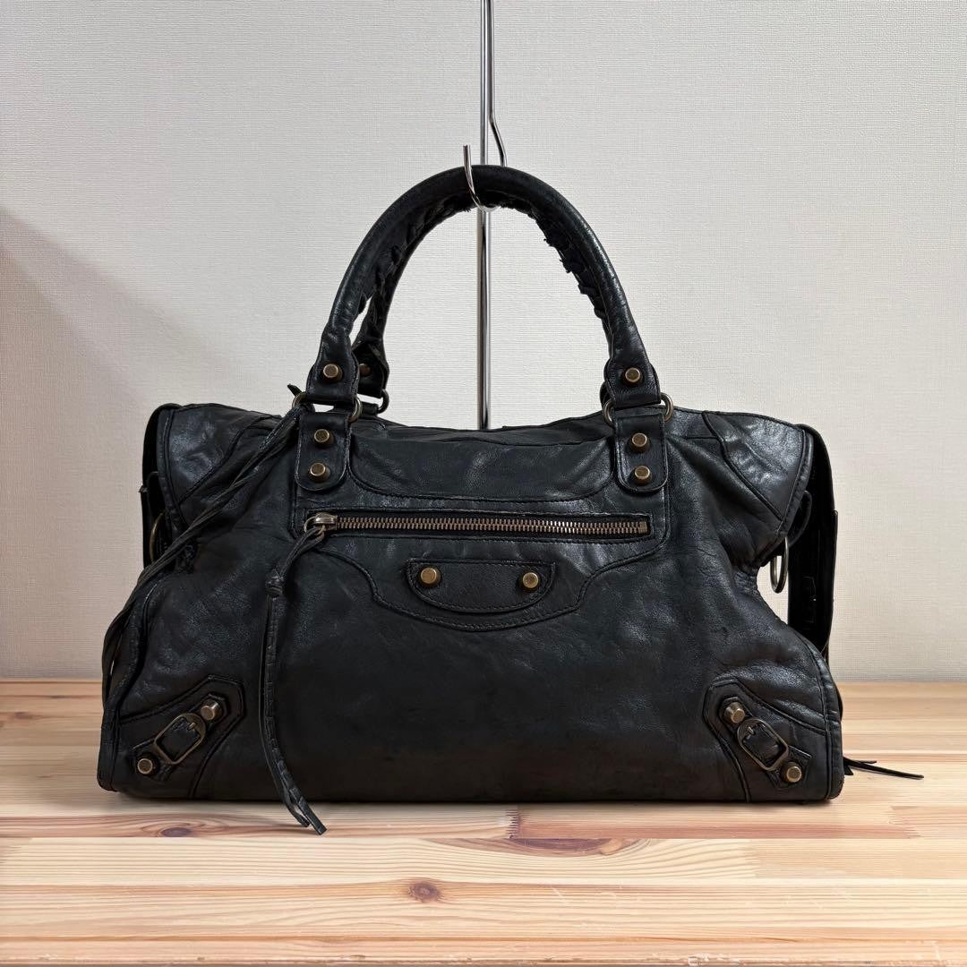 BALENCIAGA The City 2way Handbag Shoulder Bag Leather Black Used #YI