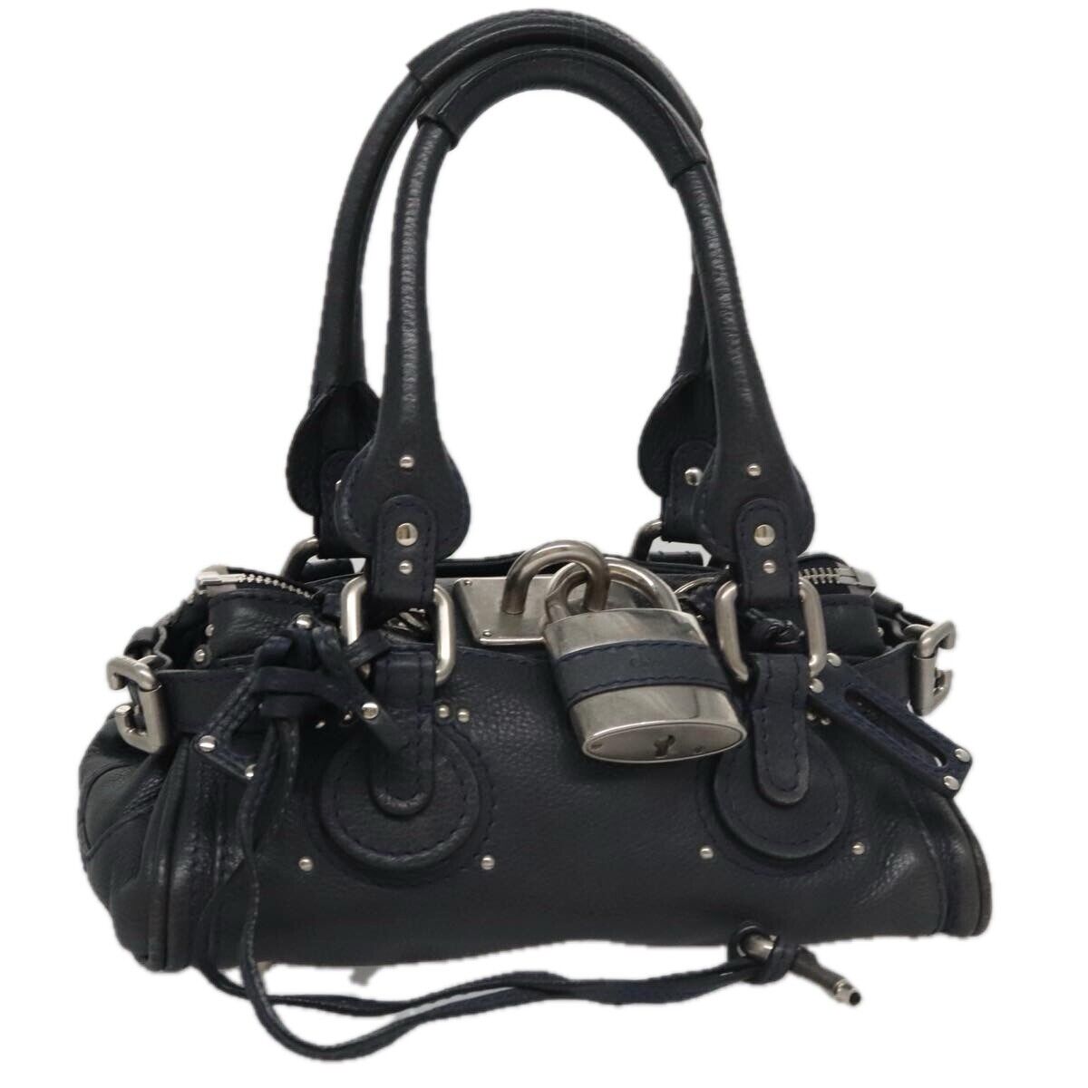 Chloe paddington mini hand bag leather navy silver auth am7485