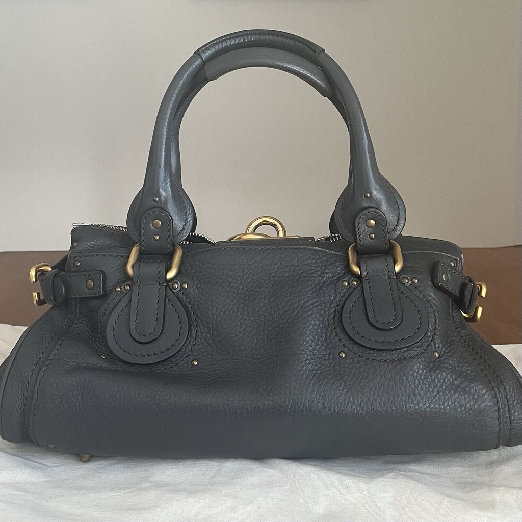 Chloe paddington leather hand bag dark gray leather medium padlock key card f s