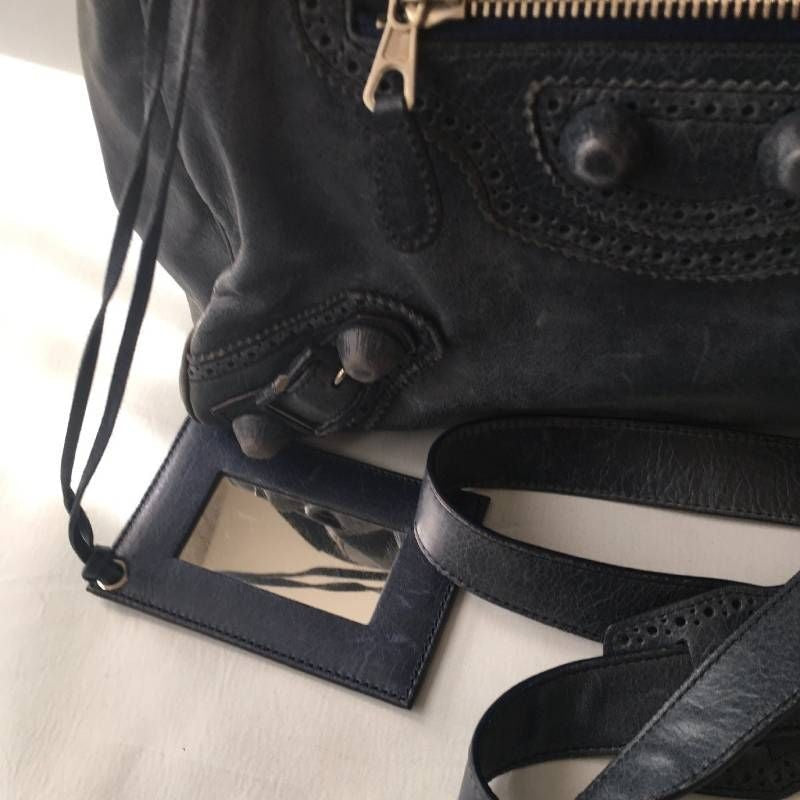 BALENCIAGA Giant City Leather Shoulder Bag Black w/Mirror Strap Authentic