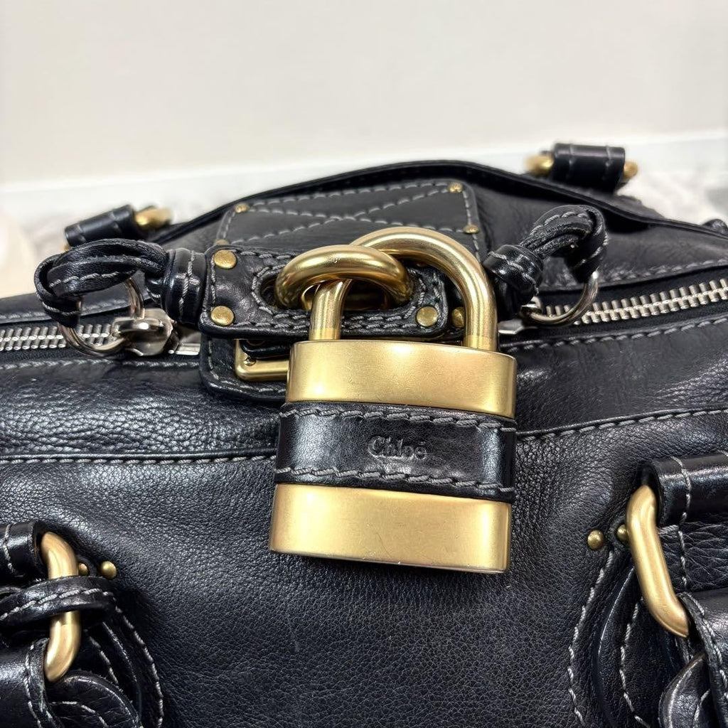 Chloe paddington 2way hand bag shoulder bag leather black padlock key used 32914