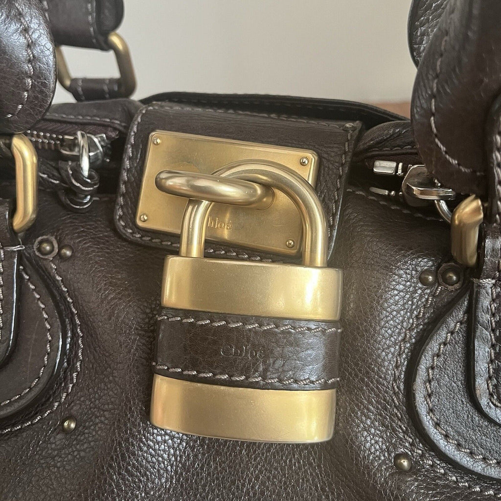 Chloe paddington leather hand bag dark brown leather medium padlock key f s 1