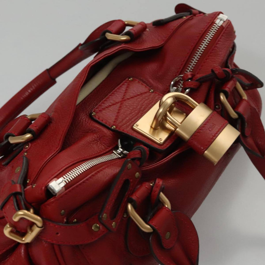 Chloe paddington hand bag leather red gold silver auth am7383