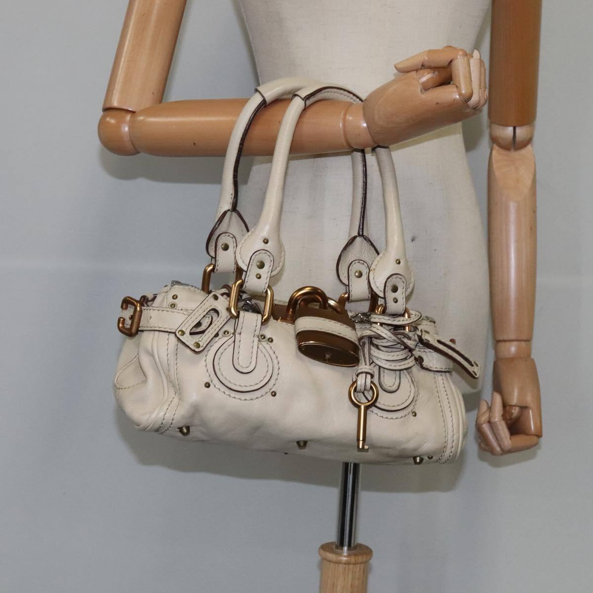 Chloe mini paddington hand bag leather white gold silver auth hk1875