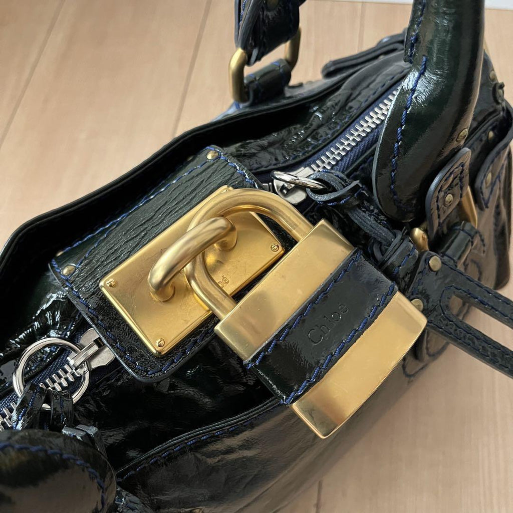 Chloe paddington handbag shoulder bag padlock key khaki enamel leather
