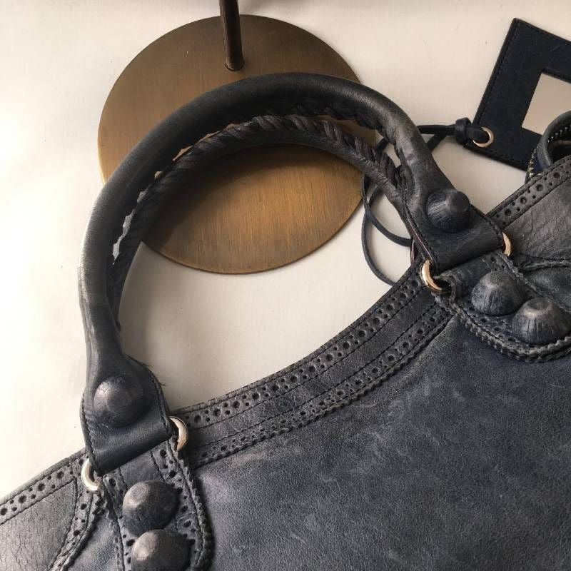BALENCIAGA Giant City Leather Shoulder Bag Black w/Mirror Strap Authentic