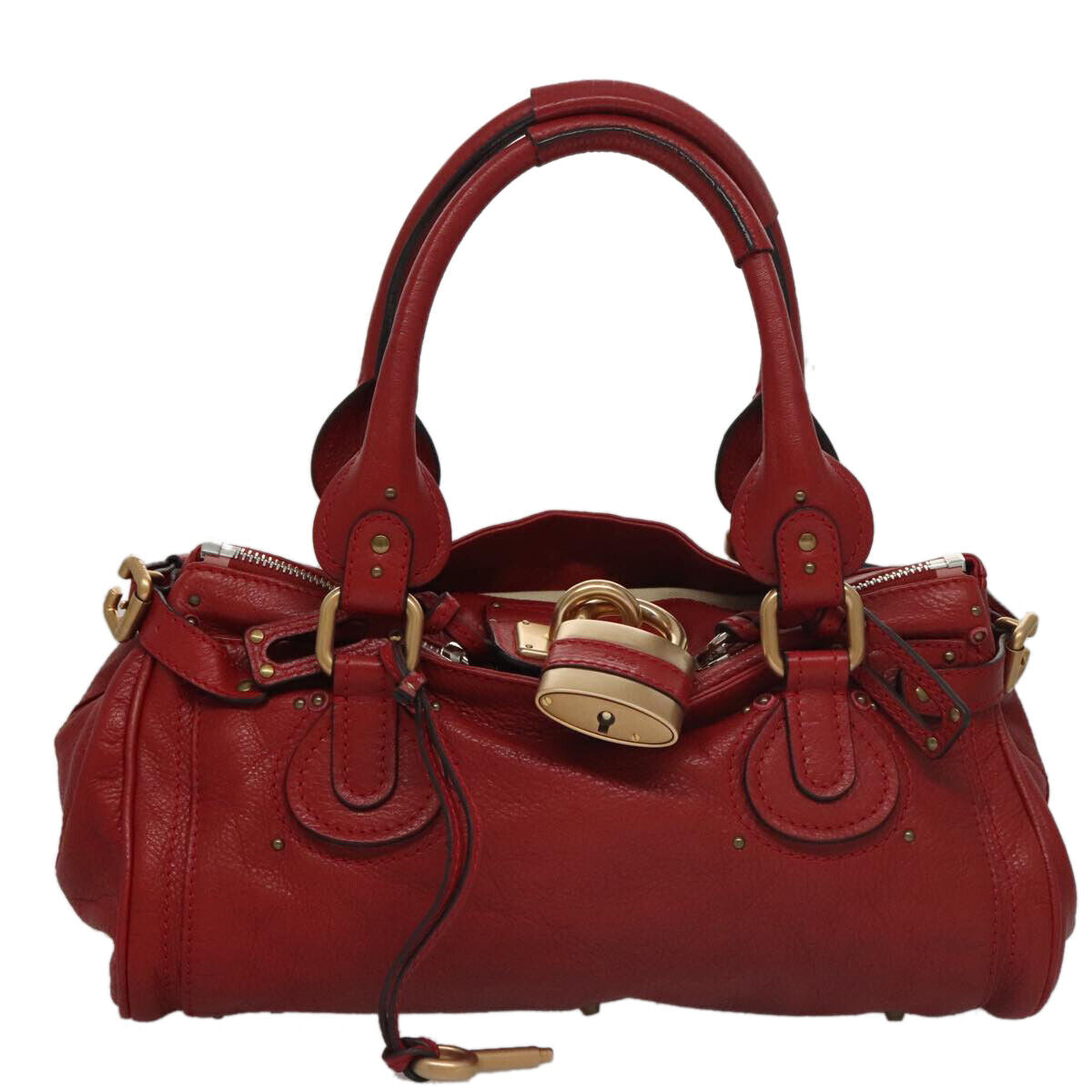 Chloe paddington hand bag leather red gold silver auth am7383