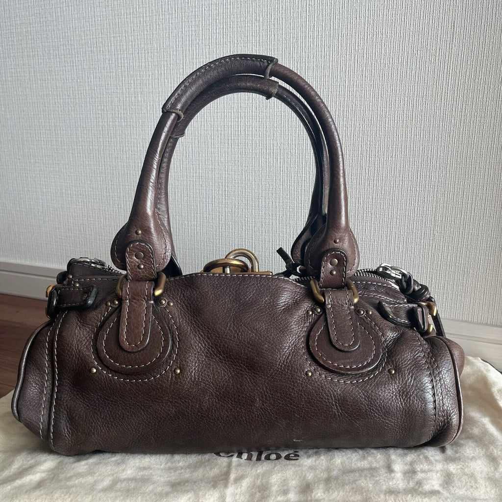 Chloe paddington leather hand bag dark brown leather medium padlock key f s