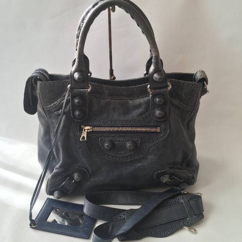 BALENCIAGA Giant City Leather Shoulder Bag Black w/Mirror Strap Authentic