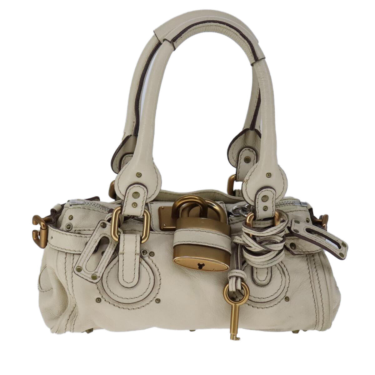 Chloe mini paddington hand bag leather white gold silver auth hk1875
