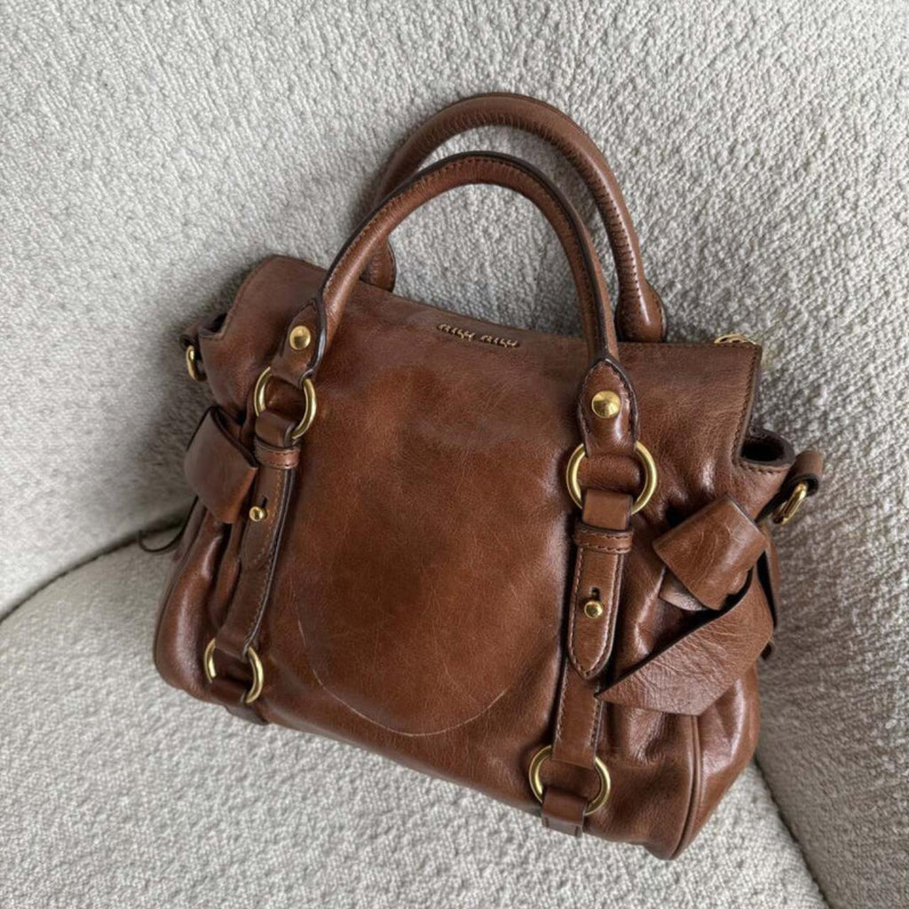 🔥 Authentic Miu Miu Mini Vitello Lux Brown Leather Handbag Pre-owned 🔥