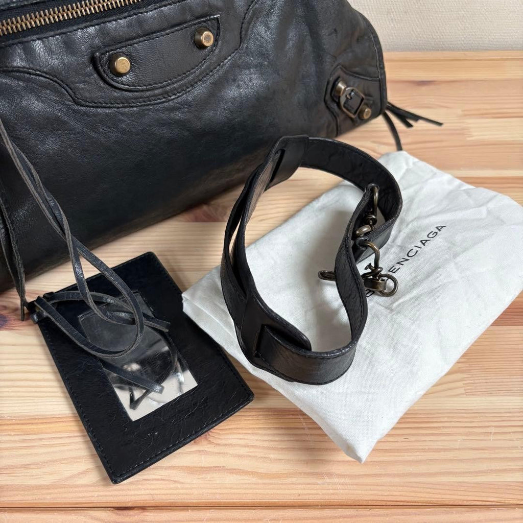 BALENCIAGA The City 2way Handbag Shoulder Bag Leather Black Used #YI