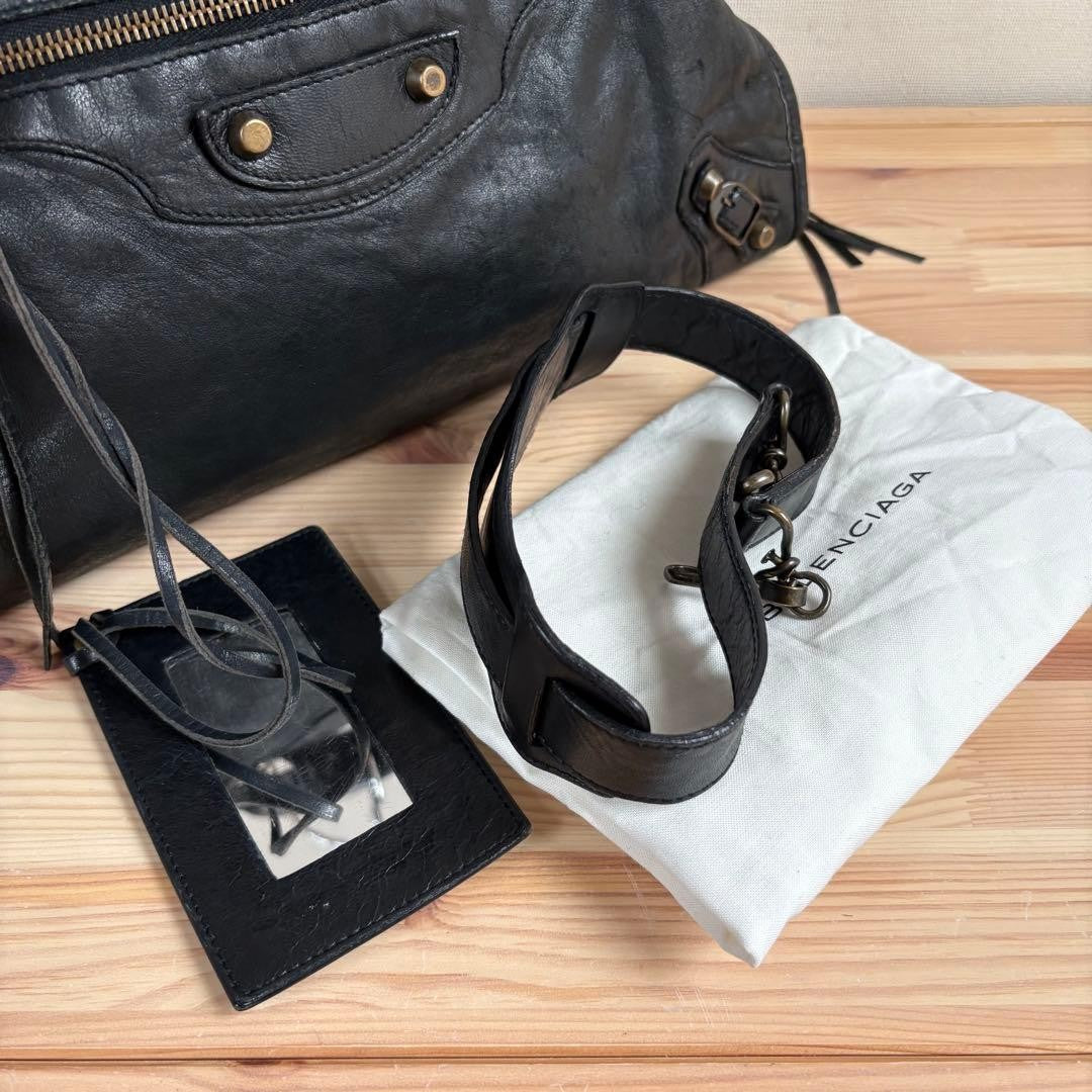 BALENCIAGA The City 2way Handbag Shoulder Bag Leather Black Used #YI